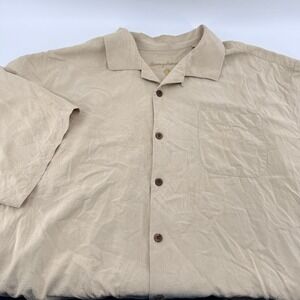Tommy Bahama Silk Camp Shirt Mens XL Tan Palm Leaf Embroidered Short‎ Sleeve